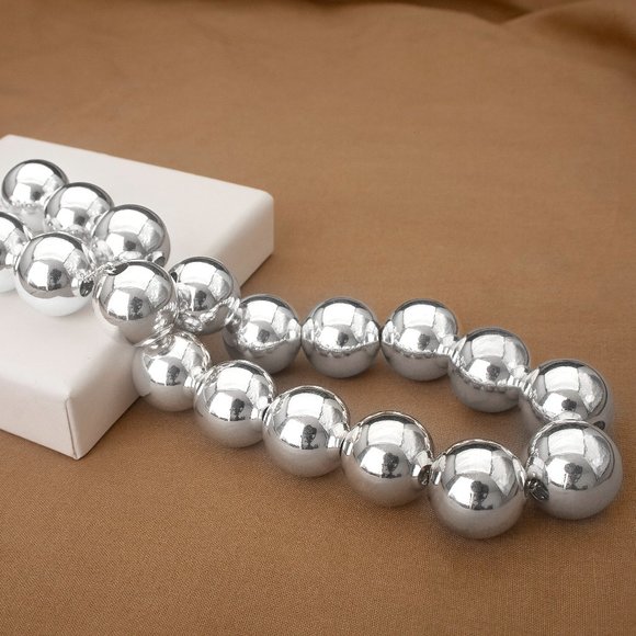 Real Sterling Silver Chunky Beaded Ball Necklace, Stamped 925 Italy Gift For Her - Picture 3 of 5